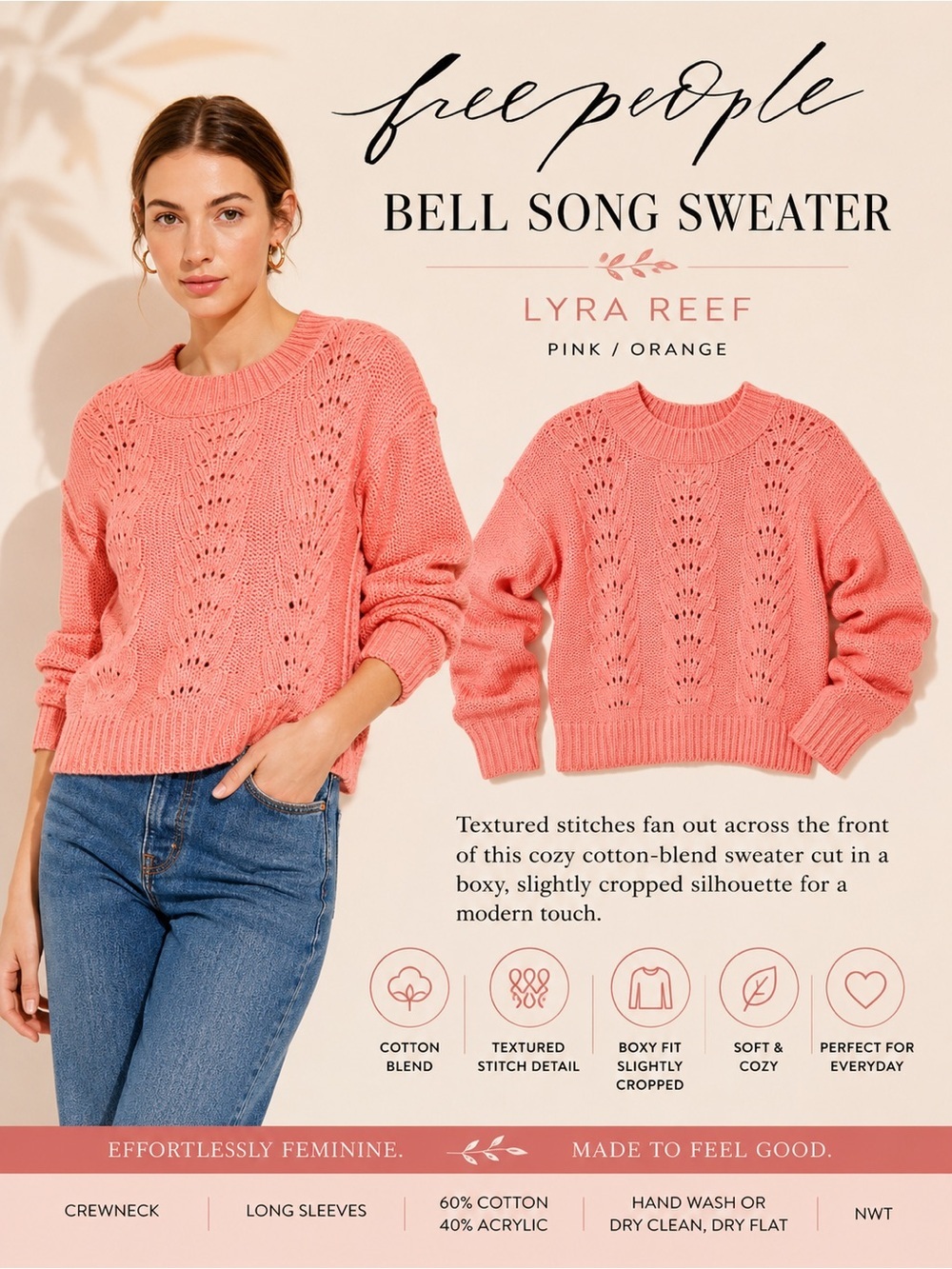 Free People Bell Song Cotton Blend Sweater Lyra Reef NWT XL